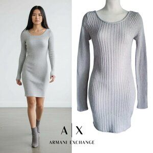 Armani Exchange Sweater Dress Wool Blend Open Weave Gray Long Sleeve Mini Size S